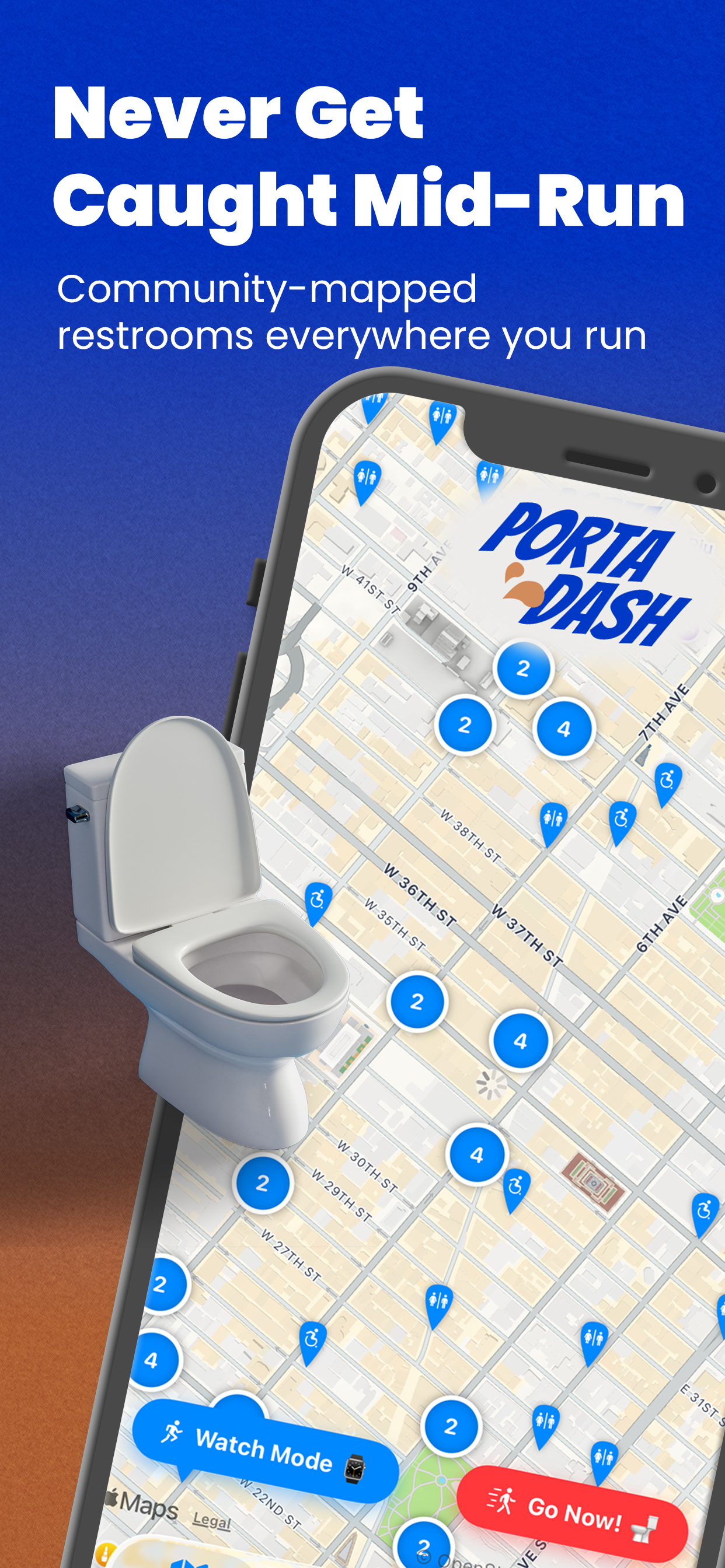 PortaDash map with nearby restroom pins